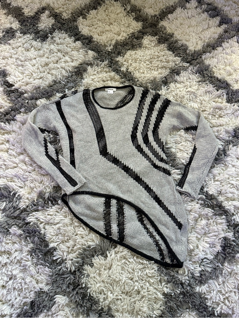 Helmut Lang Gray Crewneck Sweater with Black Graphic Stripes